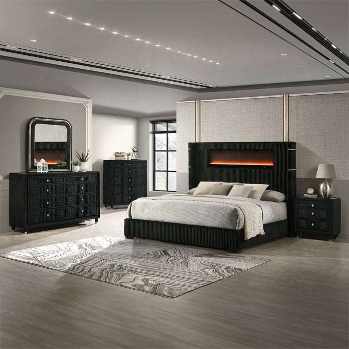 Garner Queen Bed w/Fireplace, LED, Reading Light, Speaker, Bluetooth & USB Black & Silver