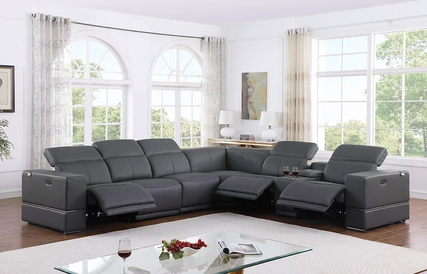 Franco Power Reclining Italian Leather Sectional 7pcs Dark Grey