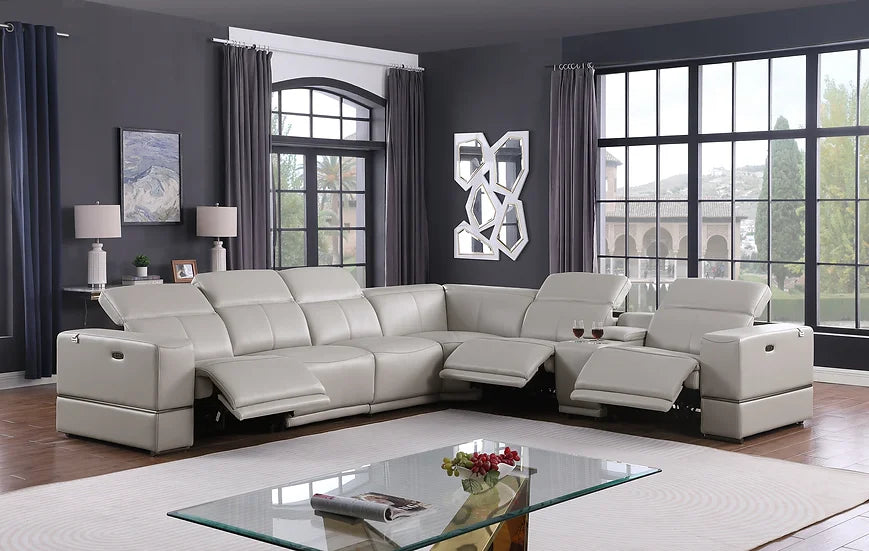 Franco Power Reclining Italian Leather Sectional 7pcs Light Grey