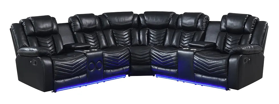 Lucky 3pcs Reclining Sectional, LED, Bluetooth, Speakers Black