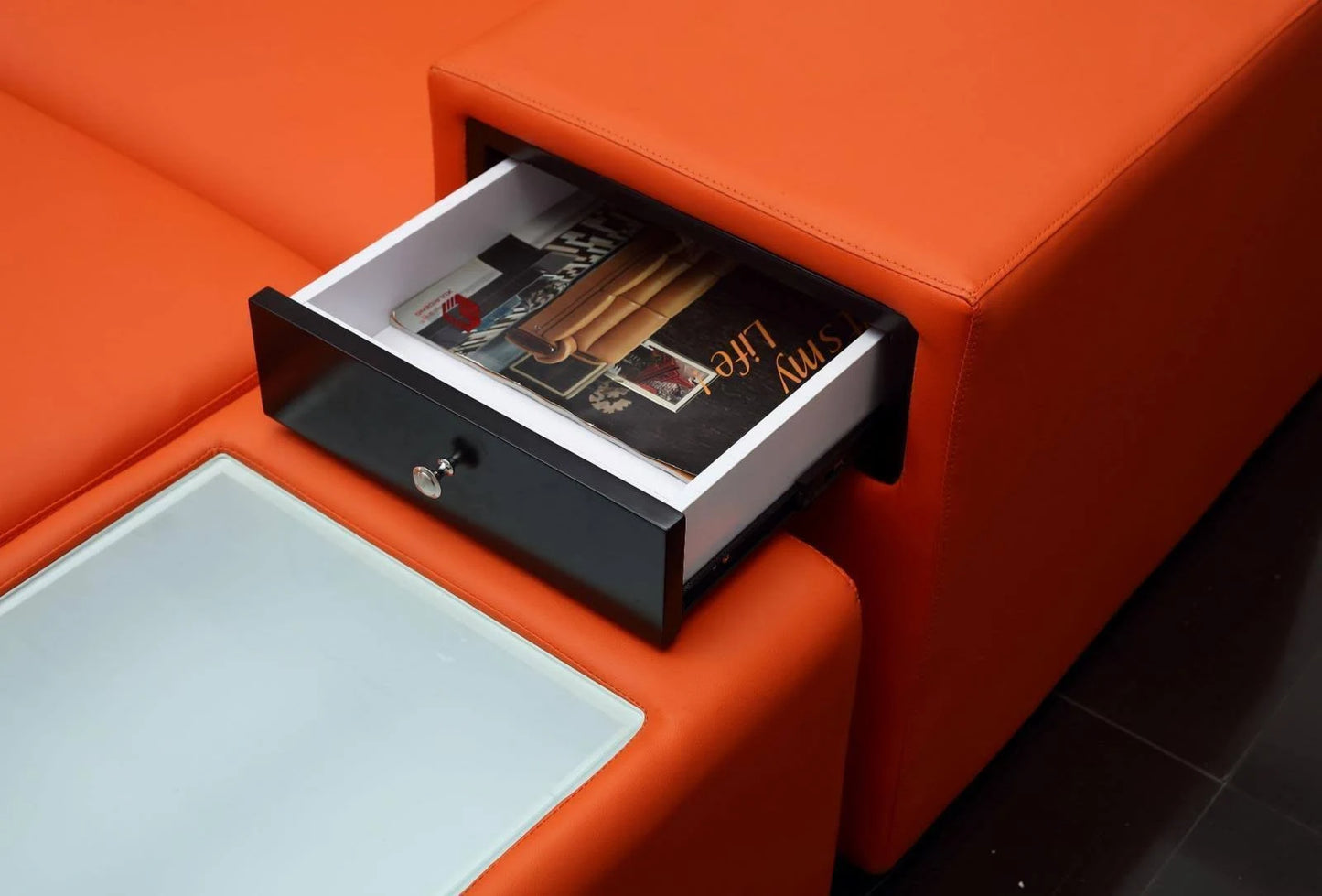 Polaris Mini Orange Contemporary Bonded Leather Right Facing Sectional Sofa