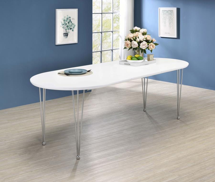 Heather Oval Dining Table with Hairpin Legs Matte White and Chrome