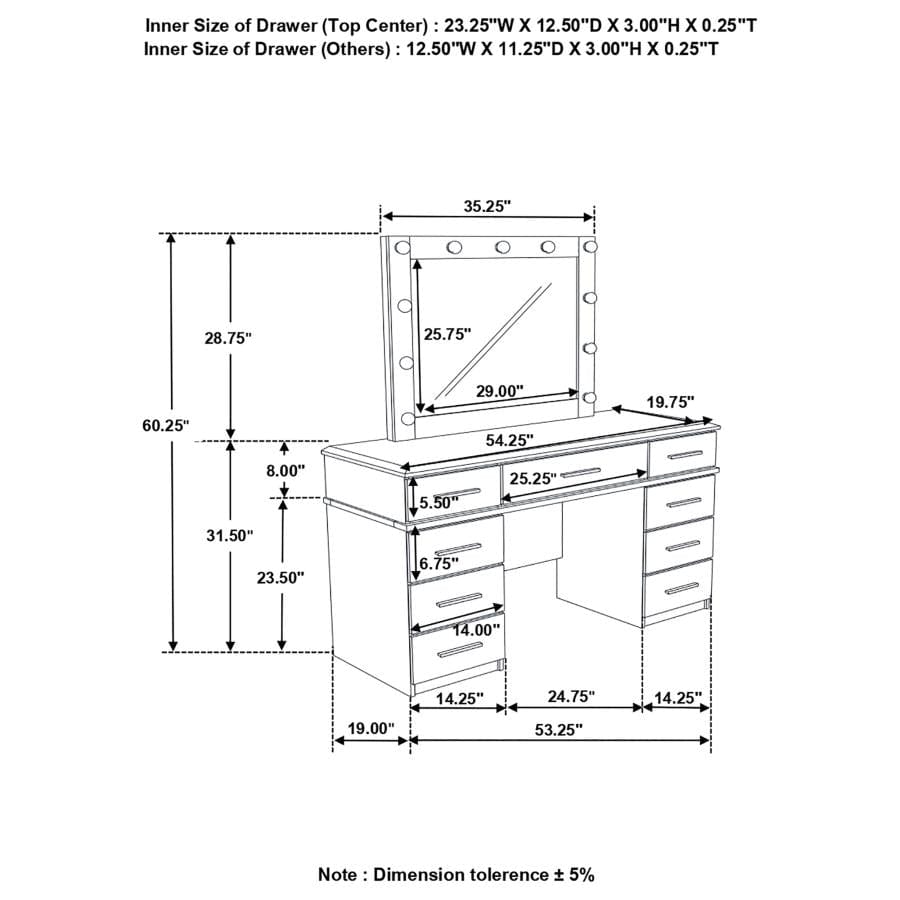 Felicity 9-drawer Vanity Desk with Lighted Mirror Glossy White