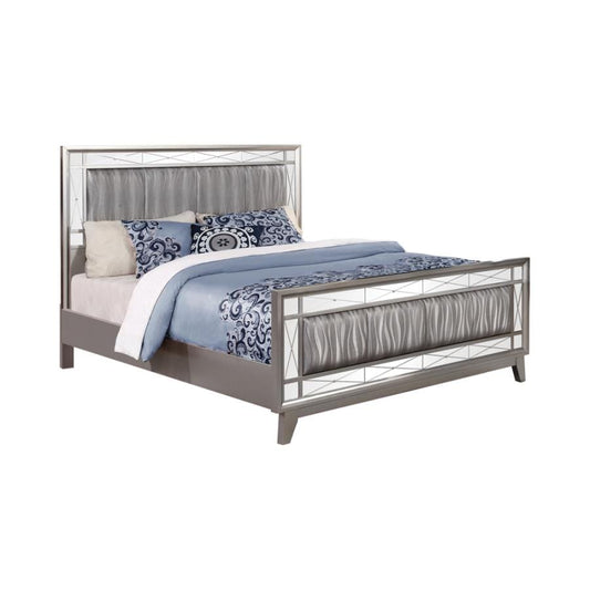 Leighton Eastern King Panel Bed with Mirrored Accents  Mercury Metallic