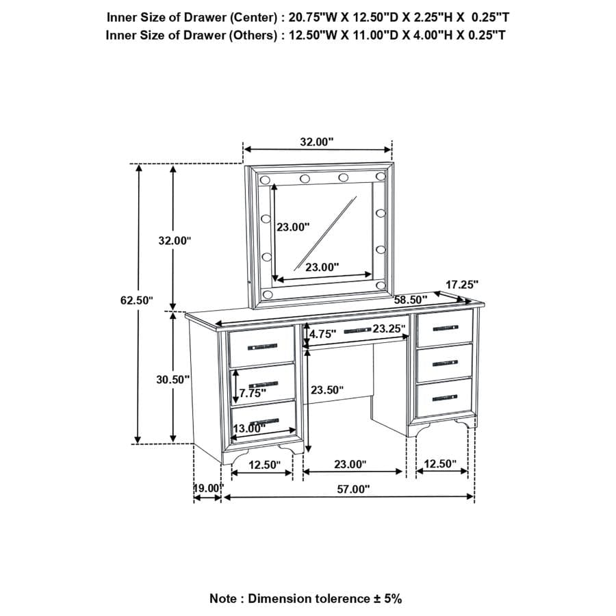 Beaumont 7-drawer Vanity Desk with Lighting Mirror Champagne