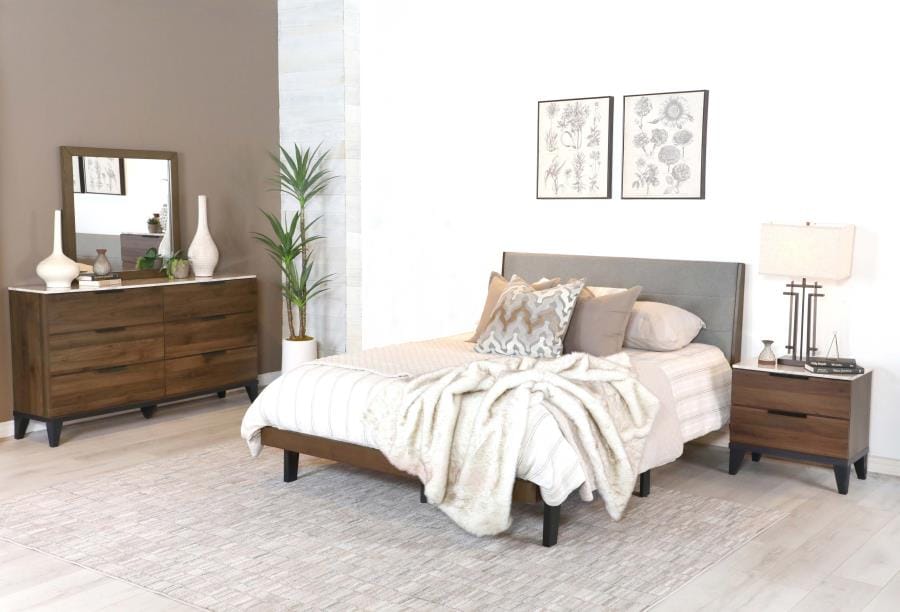 Mays 4-piece Upholstered Queen Bedroom Set Walnut Brown and Grey