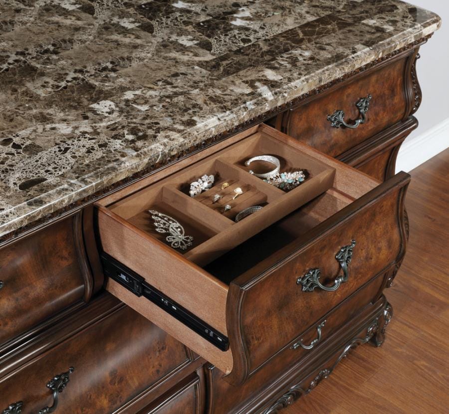 Exeter 7-drawer Dresser with Marble Top Dark Burl