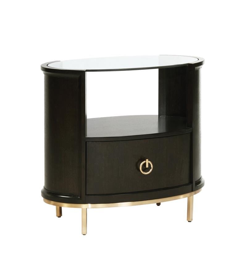 Formosa 1-drawer Oval Nightstand Americano and Rose Brass