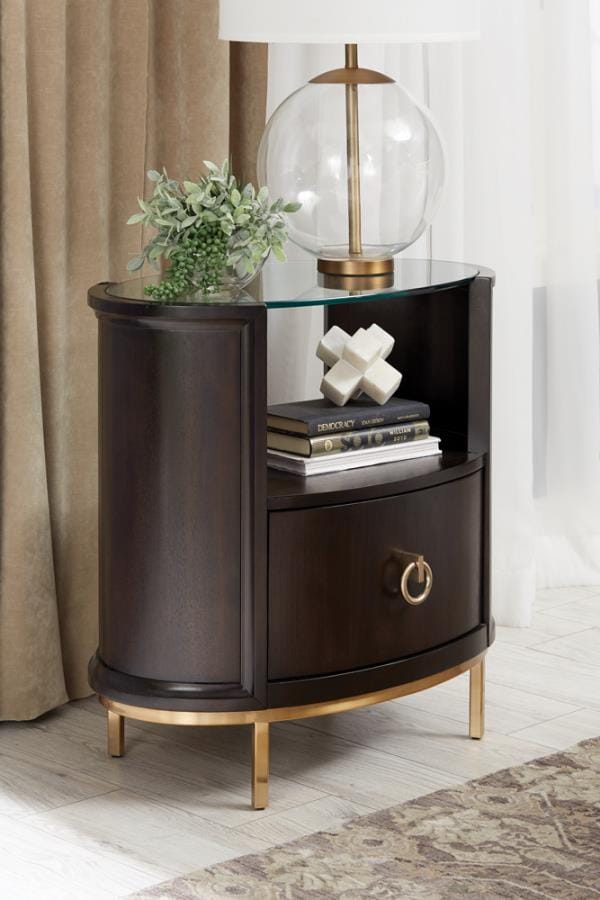 Formosa 1-drawer Oval Nightstand Americano and Rose Brass