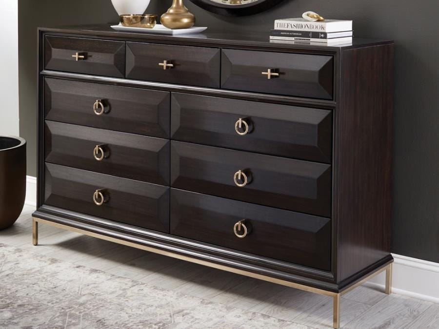 Formosa 9-drawer Dresser Americano and Rose Brass