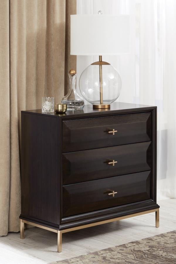 Formosa 3-drawer Rectangular Nightstand Americano and Rose Brass