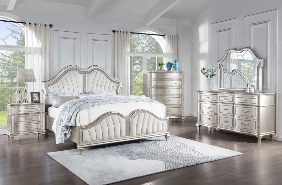 Evangeline Tufted Upholstered Platform Eastern King Bed Ivory and Silver Oak