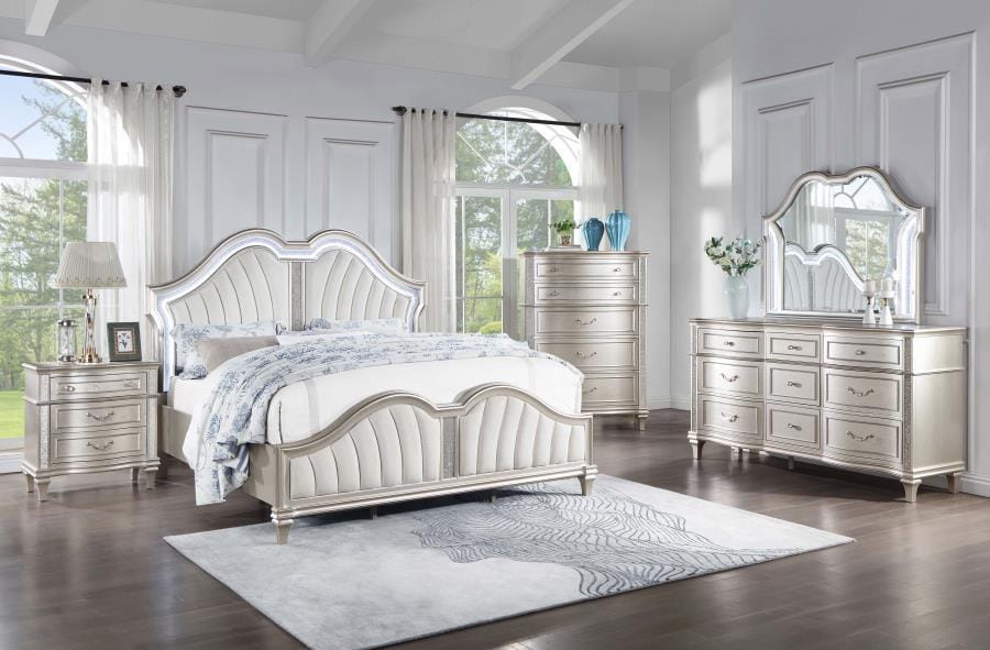 Evangeline Tufted Upholstered Platform Eastern King Bed Ivory and Silver Oak