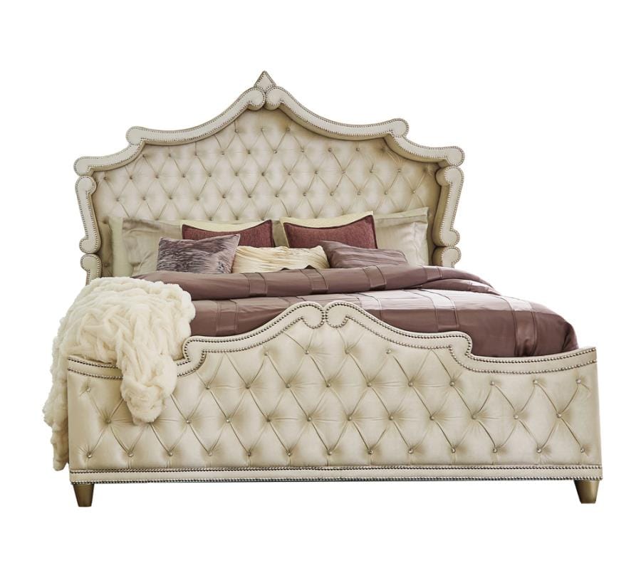 Antonella Upholstered Tufted Bedroom Set Ivory and Camel