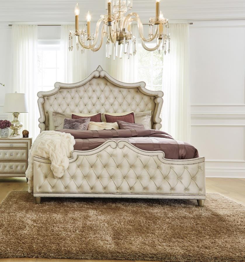 Antonella Upholstered Tufted California King Bed Ivory and Camel