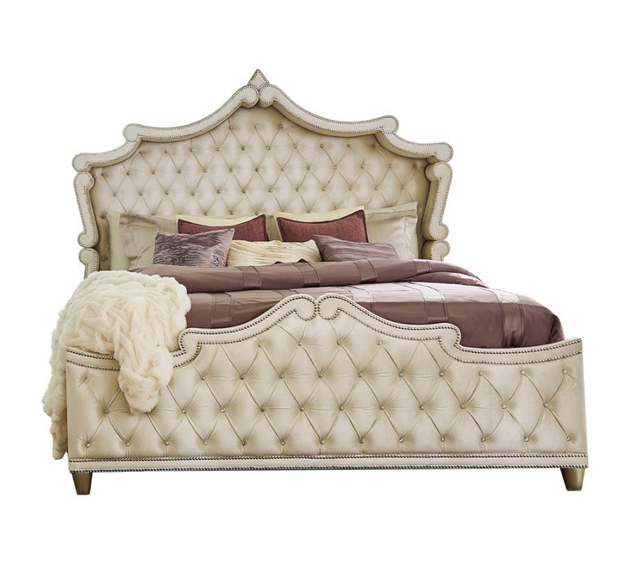 Antonella Upholstered Tufted Bedroom Set Ivory and Camel