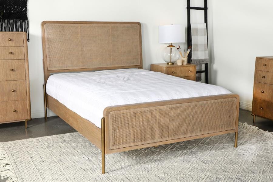 Arini Upholstered Queen Panel Bed Sand Wash and Natural Cane