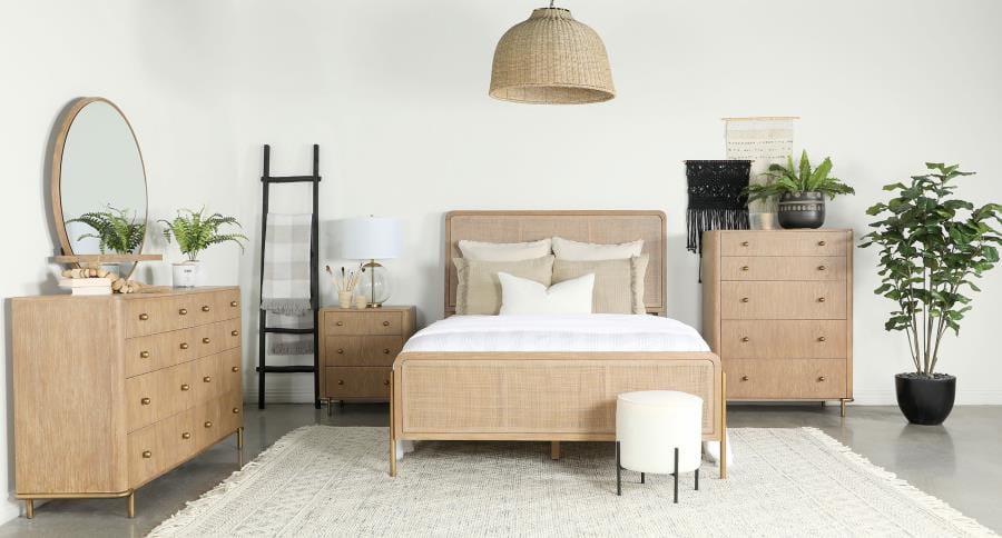 Arini Upholstered Queen Panel Bed Sand Wash and Natural Cane