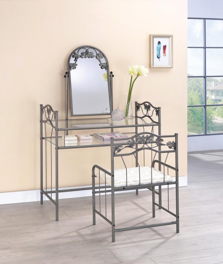 Purvis 2-piece Metal Vanity Set with Glass Top Pewter and Ivory