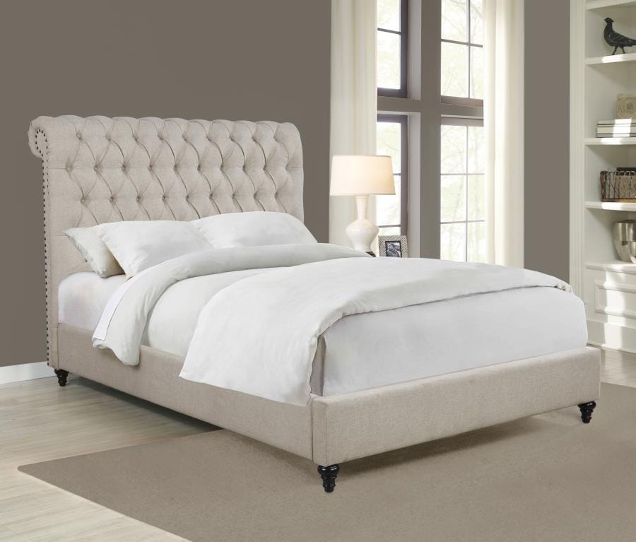 Devon Button Tufted Upholstered California King Bed Beige
