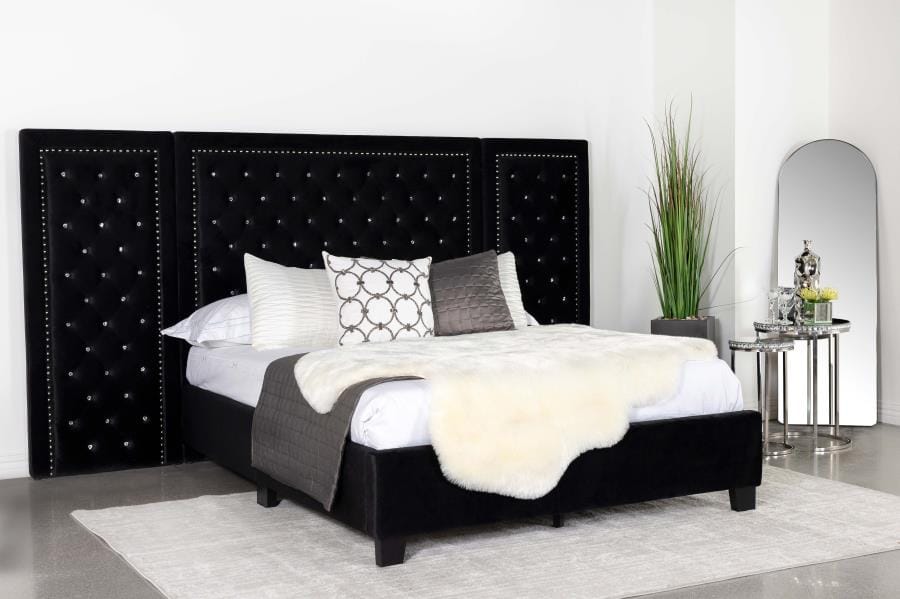 Hailey Upholstered Platform Queen Bed with Wall Panel Black