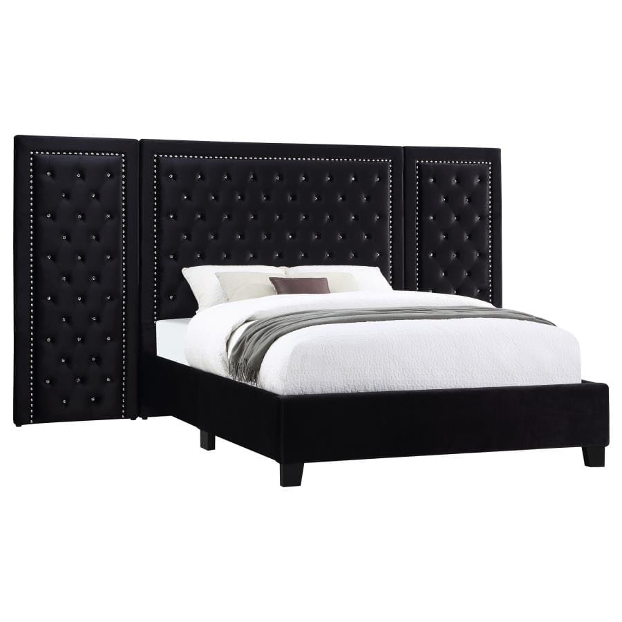 Hailey Upholstered Platform Queen Bed with Wall Panel Black