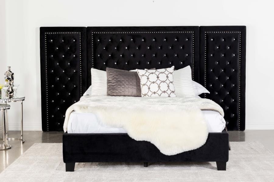 Hailey Upholstered Platform Queen Bed with Wall Panel Black