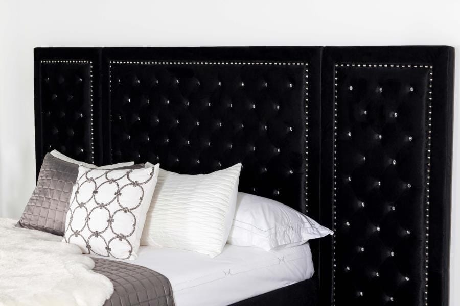 Hailey Upholstered Platform Queen Bed with Wall Panel Black