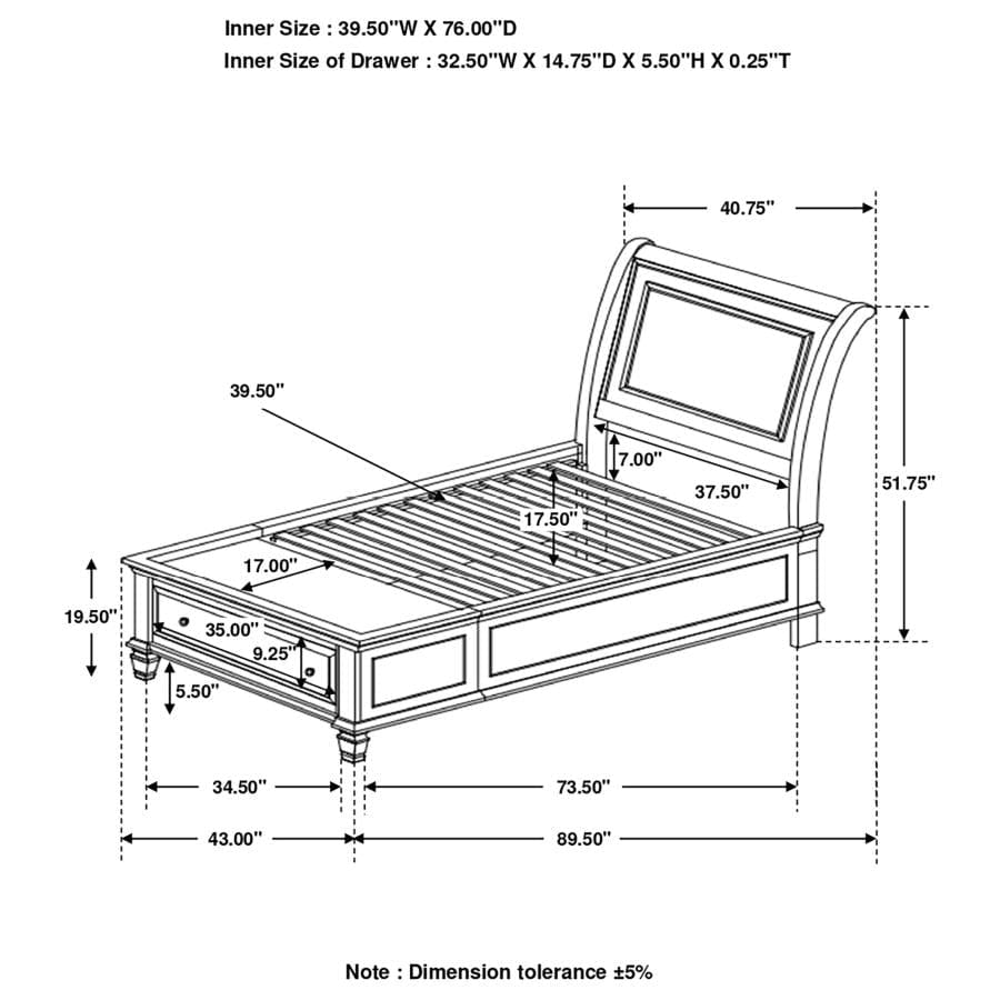 Selena Twin Sleigh Bed with Footboard Storage Buttermilk