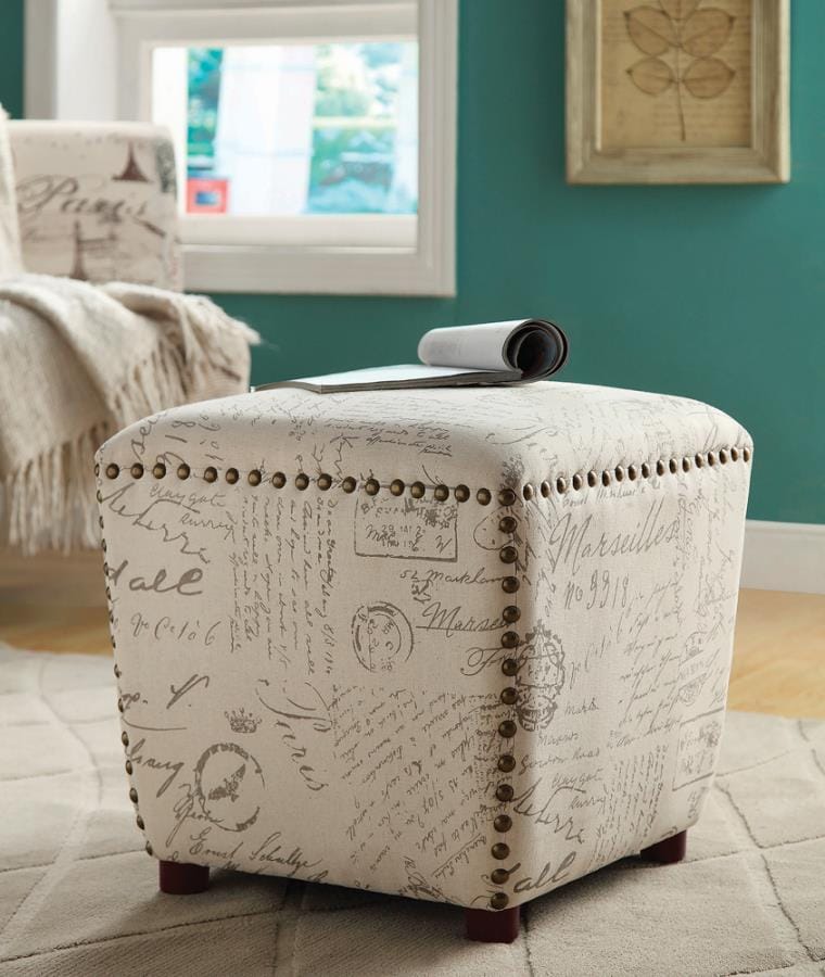 Lucy Upholstered Ottoman with Nailhead Trim Off White and Grey