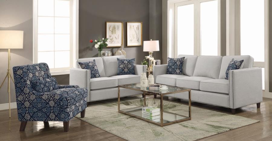 Coltrane Upholstered Loveseat with Nailhead Trim Putty