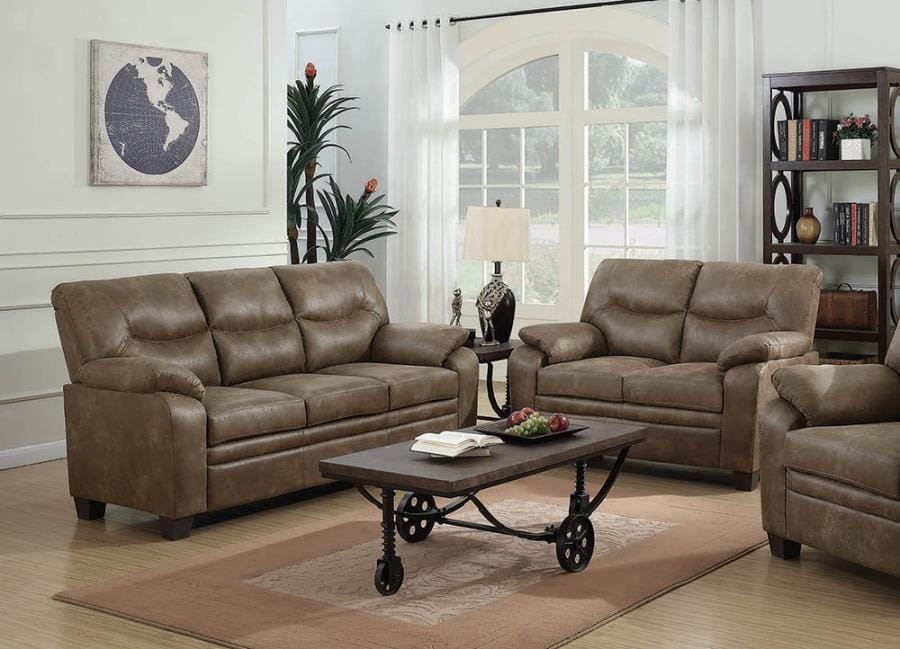 Meagan Upholstered Pillow Top Arm Living Room Set Brown