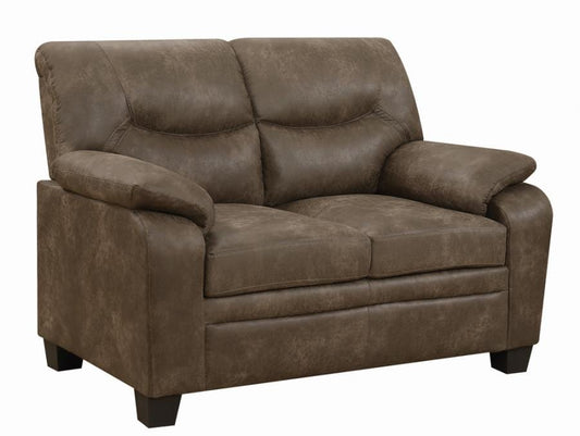 Meagan Upholstered Loveseat Brown with Pillow Top Arms