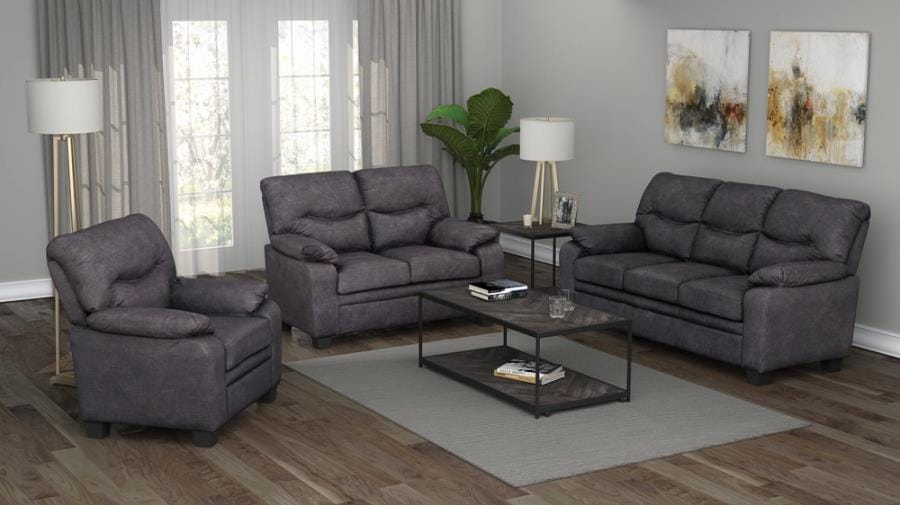 Meagan 3-piece Pillow Top Arms Living Room Set Charcoal