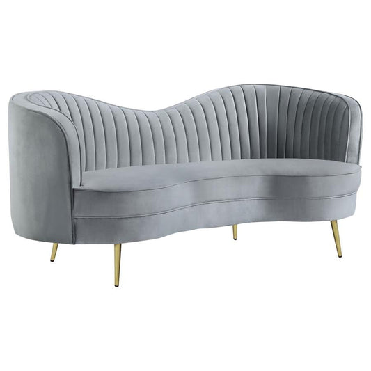 Sophia Upholstered Loveseat with Camel Back Grey and Gold