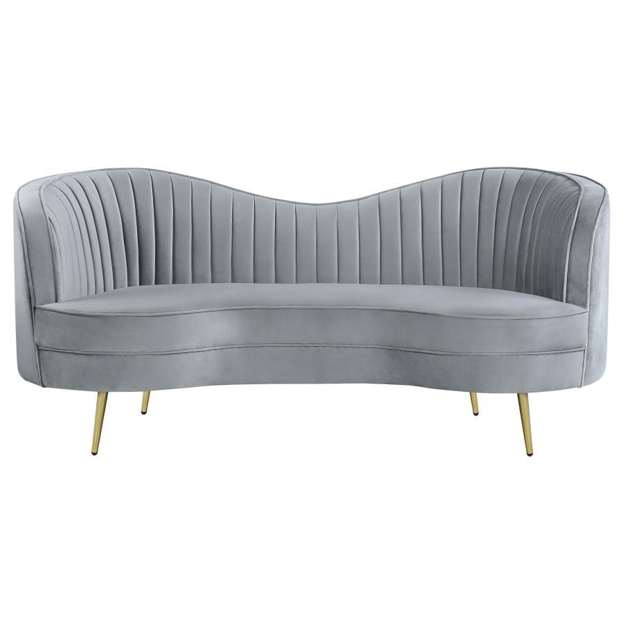 Sophia Upholstered Loveseat with Camel Back Grey and Gold