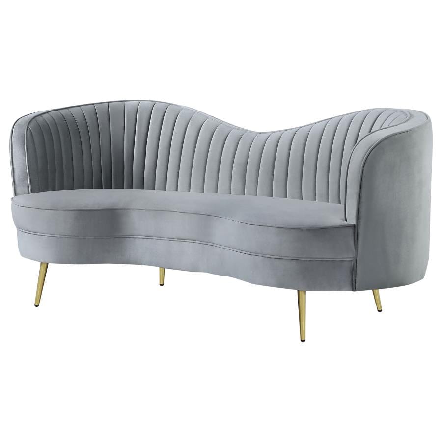 Sophia Upholstered Loveseat with Camel Back Grey and Gold