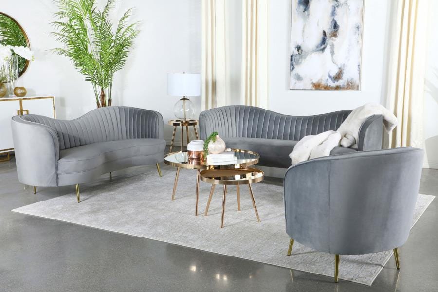 Sophia Upholstered Loveseat with Camel Back Grey and Gold