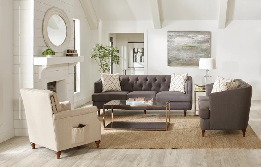 Shelby Recessed Arms and Tufted Tight Back Sofa Grey and Brown