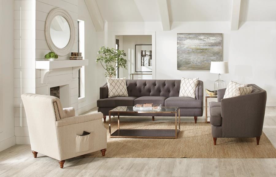 Shelby Recessed Arm and Tufted Tight Back Loveseat Grey and Brown