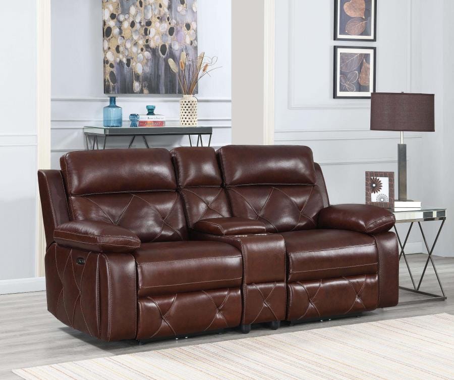 Chester Upholstered Power Reclining Seat and Power Headrest Loveseat with Console Chocolate