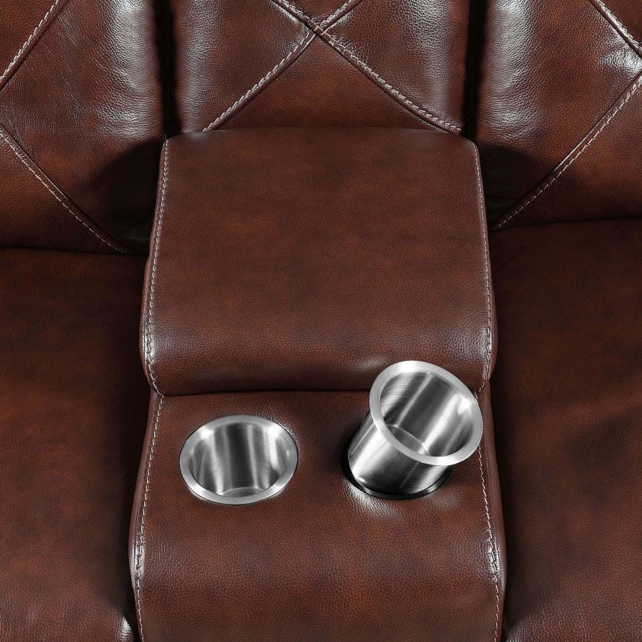 Chester Upholstered Power Reclining Seat and Power Headrest Loveseat with Console Chocolate