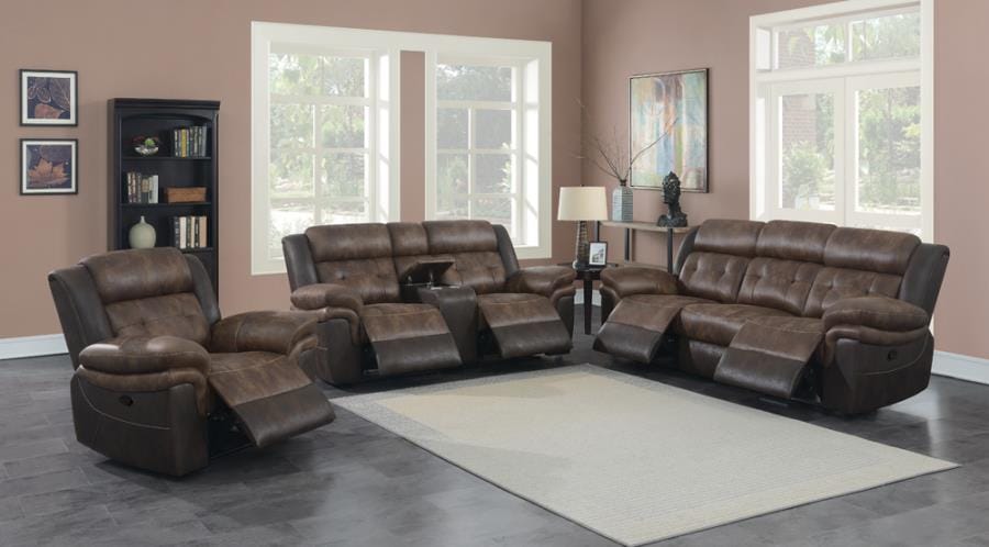 Saybrook 3-piece Tufted Cushion Motion Living Room Set Chocolate and Dark Brown