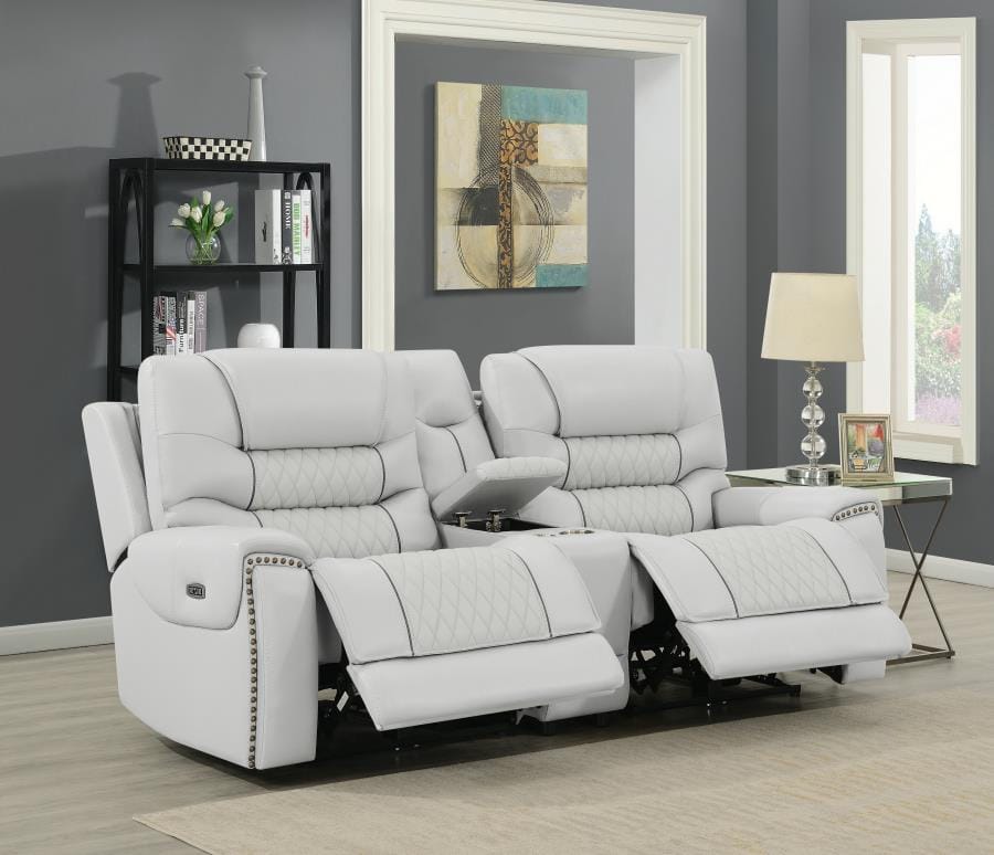 Garnet Upholstered Power Reclining Seat and Power Headrest Loveseat with Console Light Grey