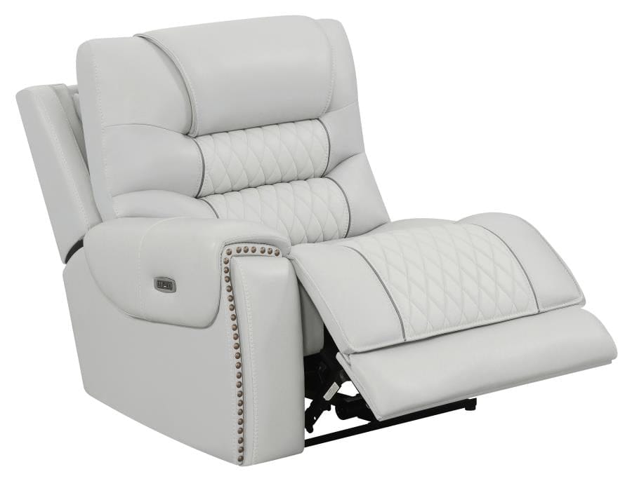 Garnet Upholstered Power Reclining Seat and Power Headrest Loveseat with Console Light Grey