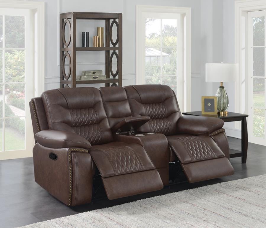 Flamenco Tufted Upholstered Motion Loveseat with Console Brown