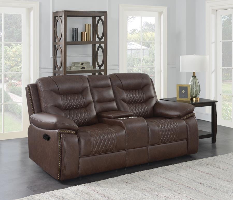 Flamenco Tufted Upholstered Motion Loveseat with Console Brown