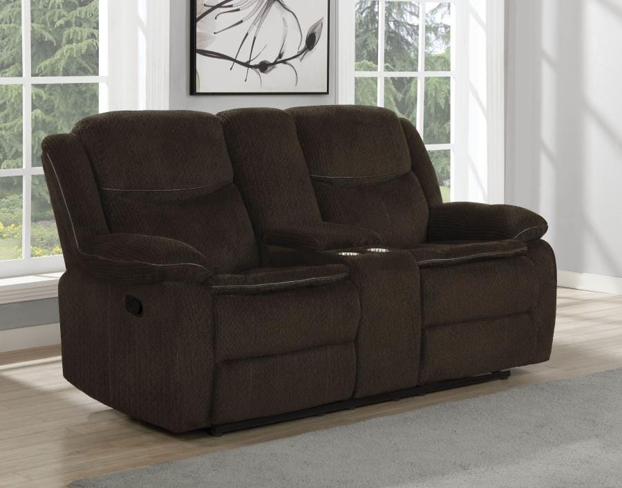 Jennings Upholstered Motion Loveseat with Console Brown