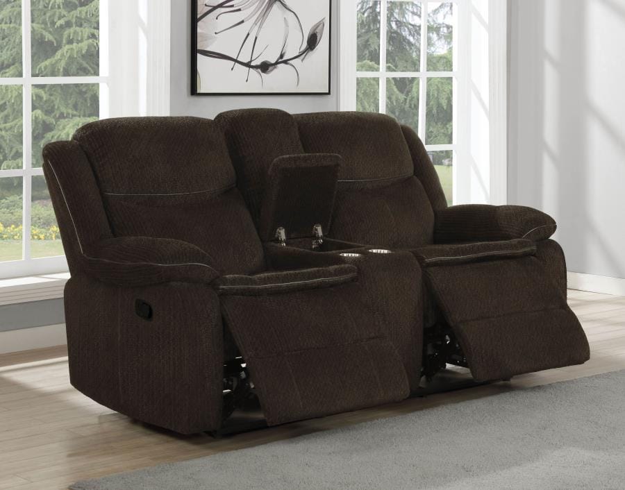 Jennings Upholstered Motion Loveseat with Console Brown
