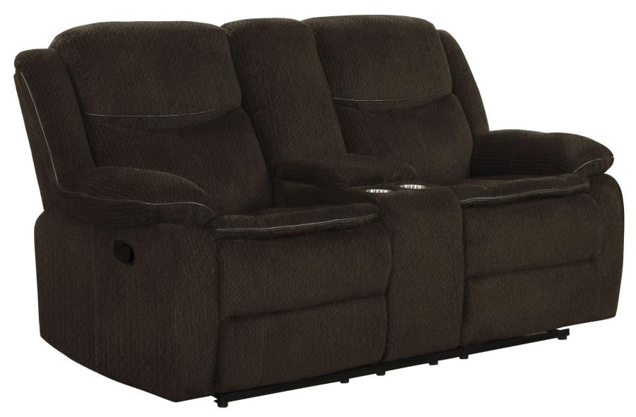 Jennings Upholstered Motion Loveseat with Console Brown